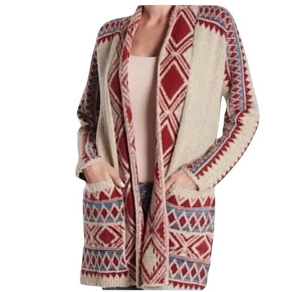 Lucky Brand Aztec Drape Wrap Cardigan Sweater Small Red Beige Tribal Pockets - Picture 1 of 13